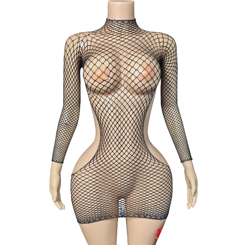Sexy Crotchless Lingerie Full Sleeve Bodystockings Mesh Transparent Babydolls Underwear Erotic Fishnet Hollow Baby Dolls Dresses