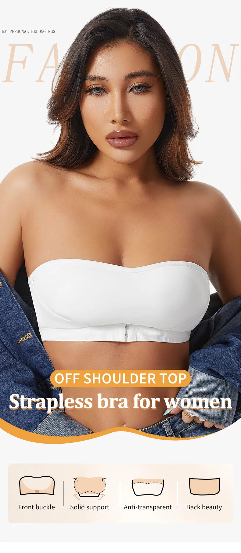 Daily Strapless and Wireless Women's Front Button Bra, Seamless Chest pad Comfortable Push-up Trendy Solid Color Lingerie