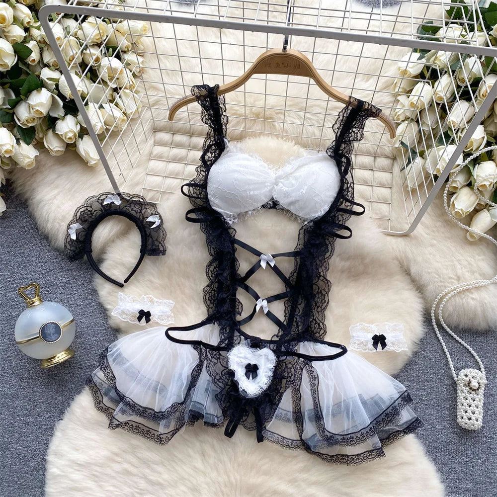 Backless Hotsweet Bow Lingerie For Women See Through Mesh Sexy Bunny Costume Lingerie Bodysuit 4 Piece Jumpsuit Spot Lace Cospla
