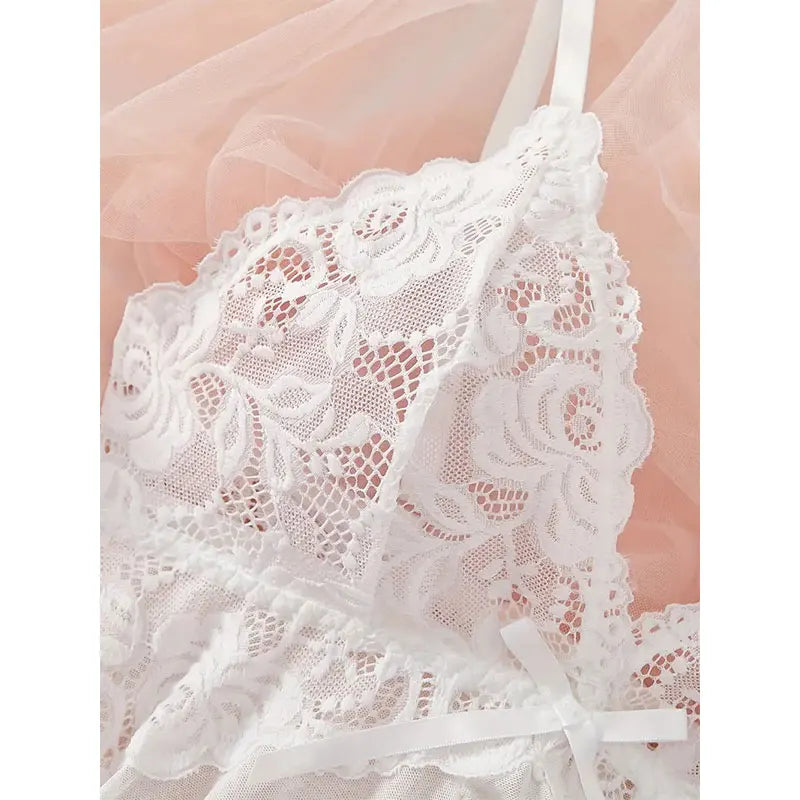 Women's Sexy Lingerie Dress Thin Style G-string Contrast Lace Ruffle Trim Lingerie Set Deep V Slip Thong Lencería Mujeres