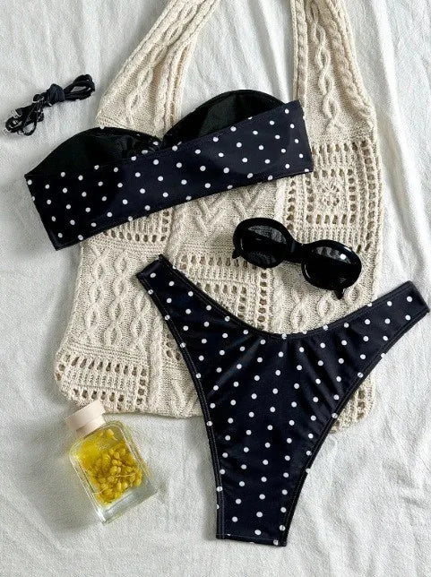 2026 Bikini Woman 2025 Swimsuit Women Printed Bikinis Black Bandeau Top Thong Bottom Swimwear Polka Dot Two Piece High Cut