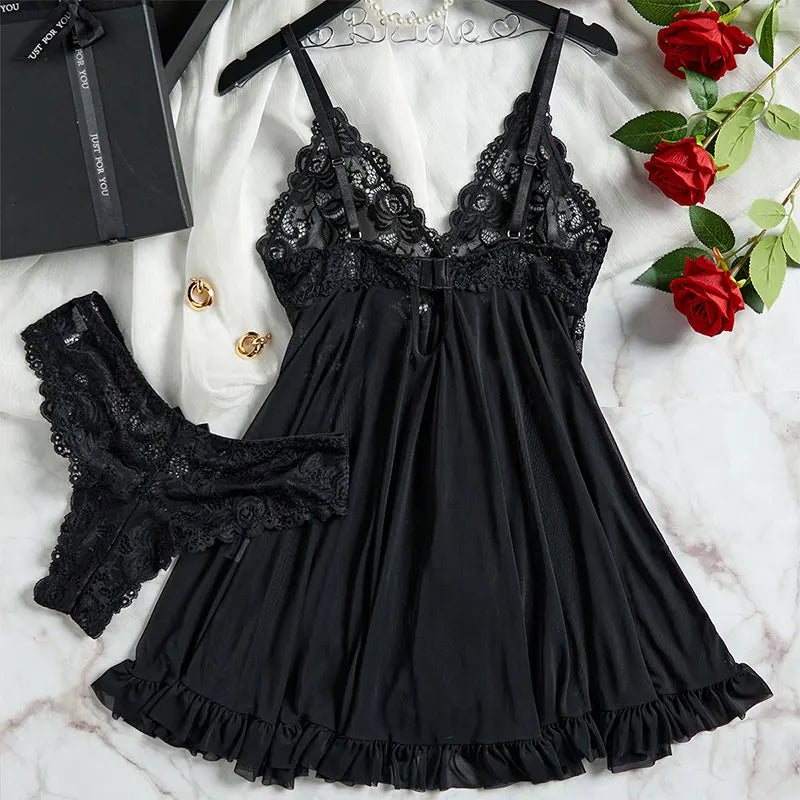 Women's Sexy Lingerie Dress Thin Style G-string Contrast Lace Ruffle Trim Lingerie Set Deep V Slip Thong Lencería Mujeres