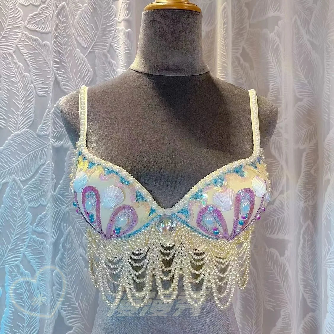 customized sparkling iridescent sequin shell bra pearl chain tassel pool party bra beach vacation pearl jacket belly dance bras