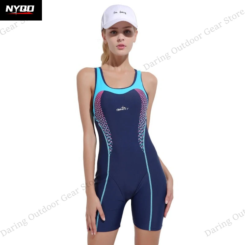 Women's One-Piece Racing Swimsuit, Athletic Quick-Dry Sleeveless Swimsuit with Shorts for Hot Spring & Diving