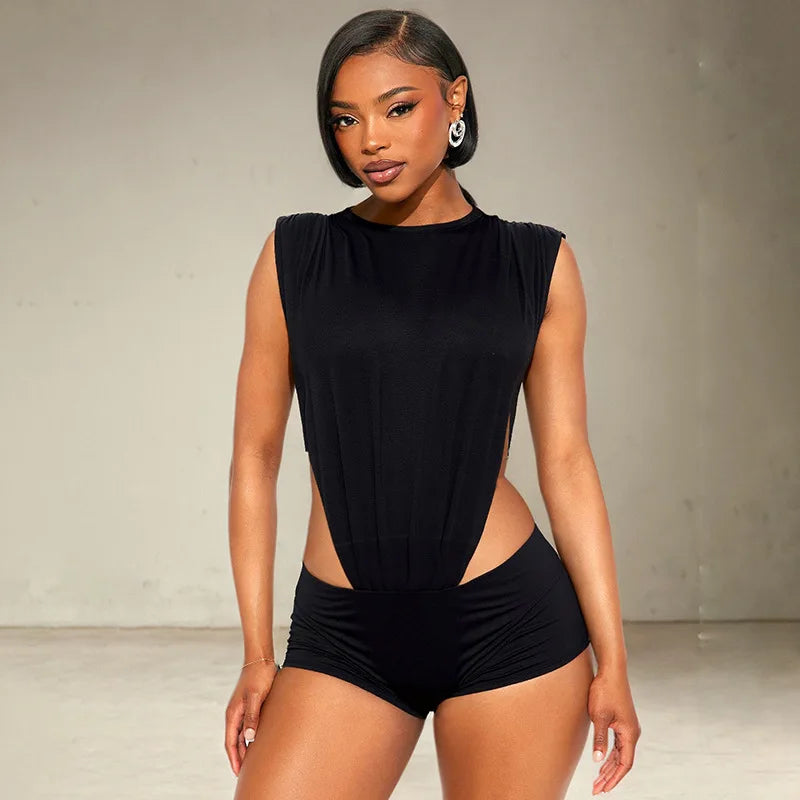 Sexy Women 2 Piece Set Coquette Sleeveless Side Split Bodysuit Tops+Shorts Stretch Midnight Matching Clubwear Suits