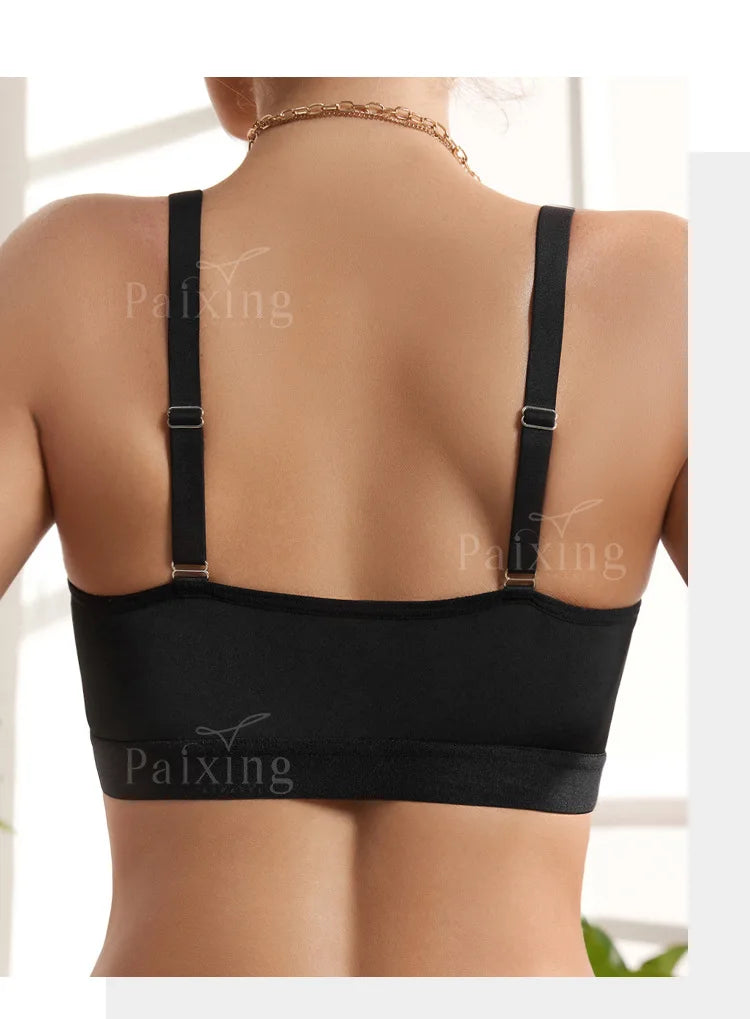 Striped lace front button side fold up lingerie plus French style sexy strapless wire free women's bra