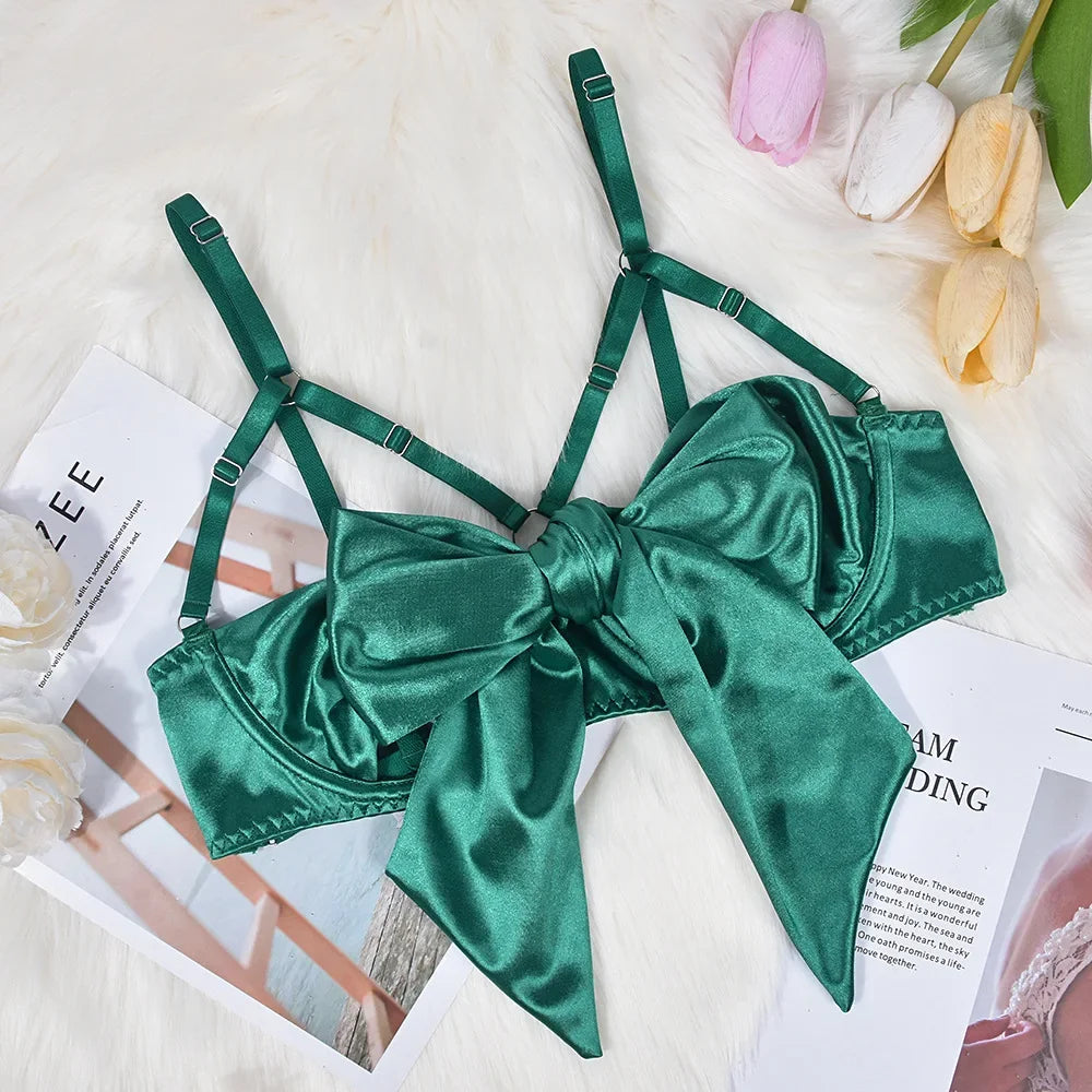 Hot Sexy Lingerie Women's Erotic Lace Satin Sexy Bodysuit Women's Bow Sleepwear Sexy Bra Panties Set Babydoll Exotic Pajamas