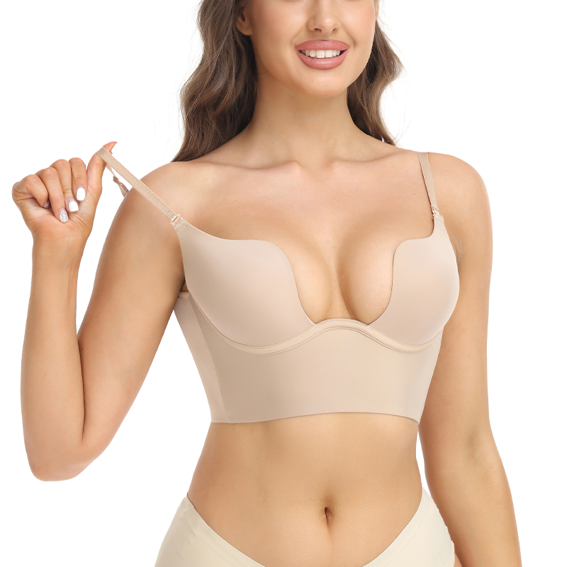 Seam-free Womens Low Cut Plunge Bra Wire Lifting Deep U Shaped Multi-Way Push Up Convertible Plunge Backless Sexy Bra