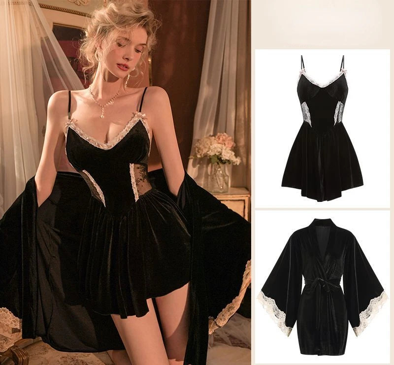 Women Robe Nightwear Lace French Nightgown Sleepwear Hollow out velvet camisole Lingerie Robe 2022 Spring Autumn Set Sexy Sweet