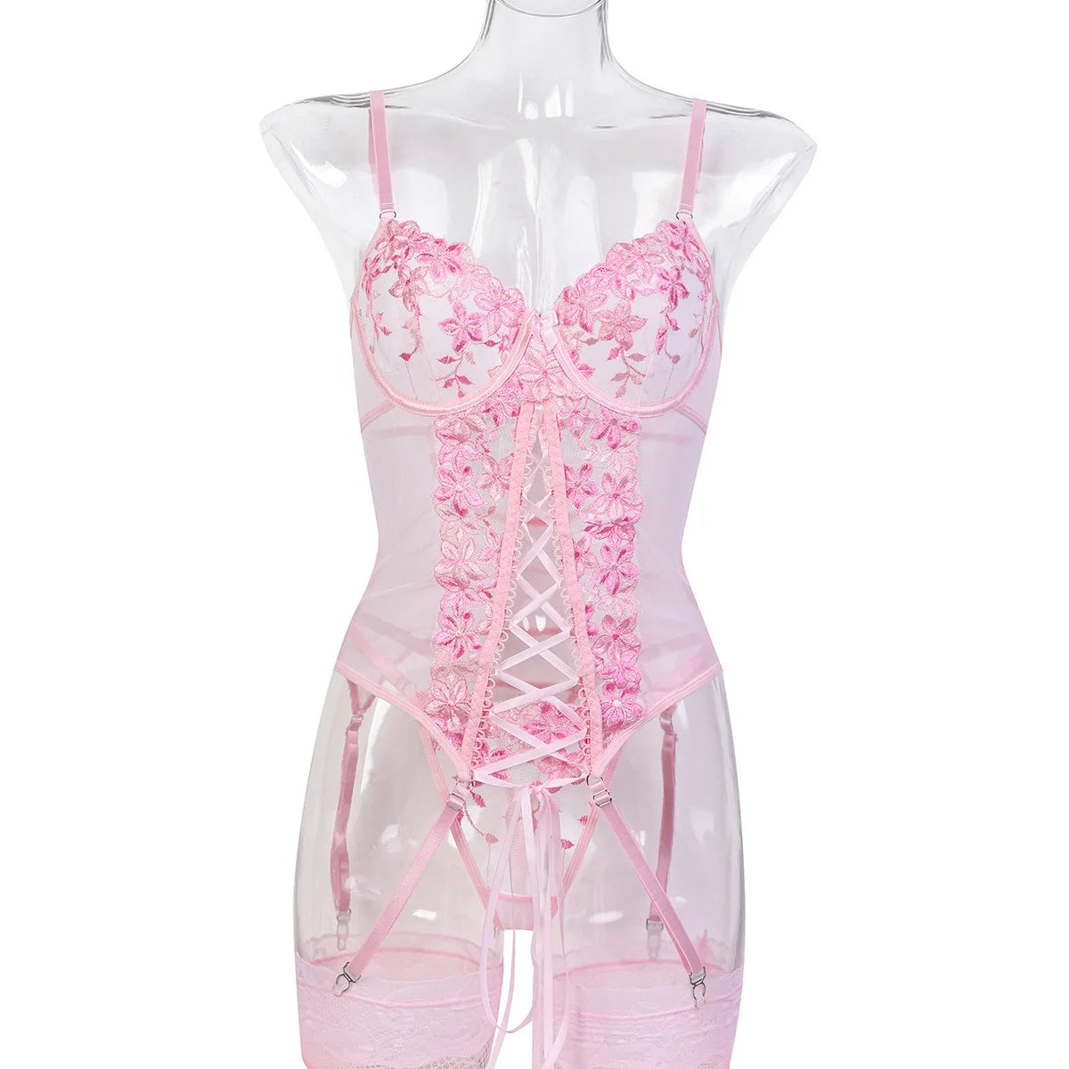 Ellolace Fancy Sexy Lingerie 3-Piece Corset Lace Up Beautiful Bodysuits With Stocking Luxury G-String Pink Intimate Goods 4PCY