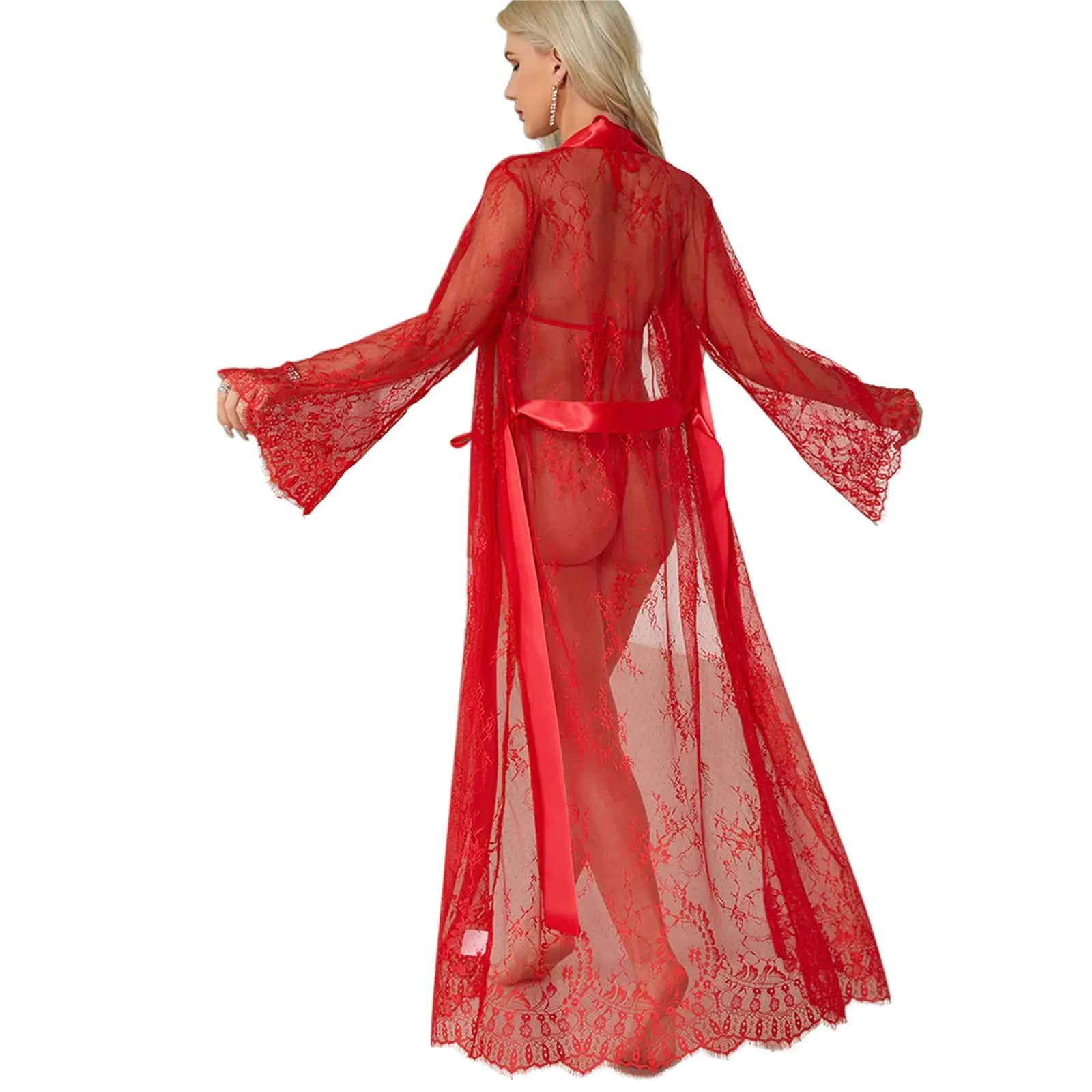 Women's Sexy Sheer Lace Robe Lingerie Long See Through Kimono Lingerie Dress Lace Gown Sleepwear