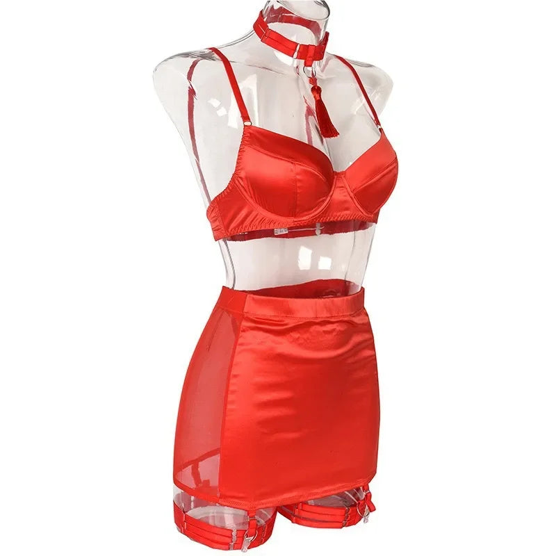 Fine satin lingerie sexy lingerie lace 5 piece set of sissy seamless lingerie fancy bra and panty outfits sexy suit