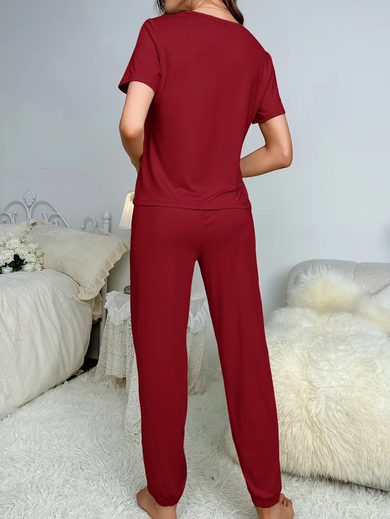 Women's Pajamas Set Solid Color Short Sleeve O Neck T-Shirt+Trousers 2 Pieces Suit Sleepwear Soft Loose Pijama Female Loungewear