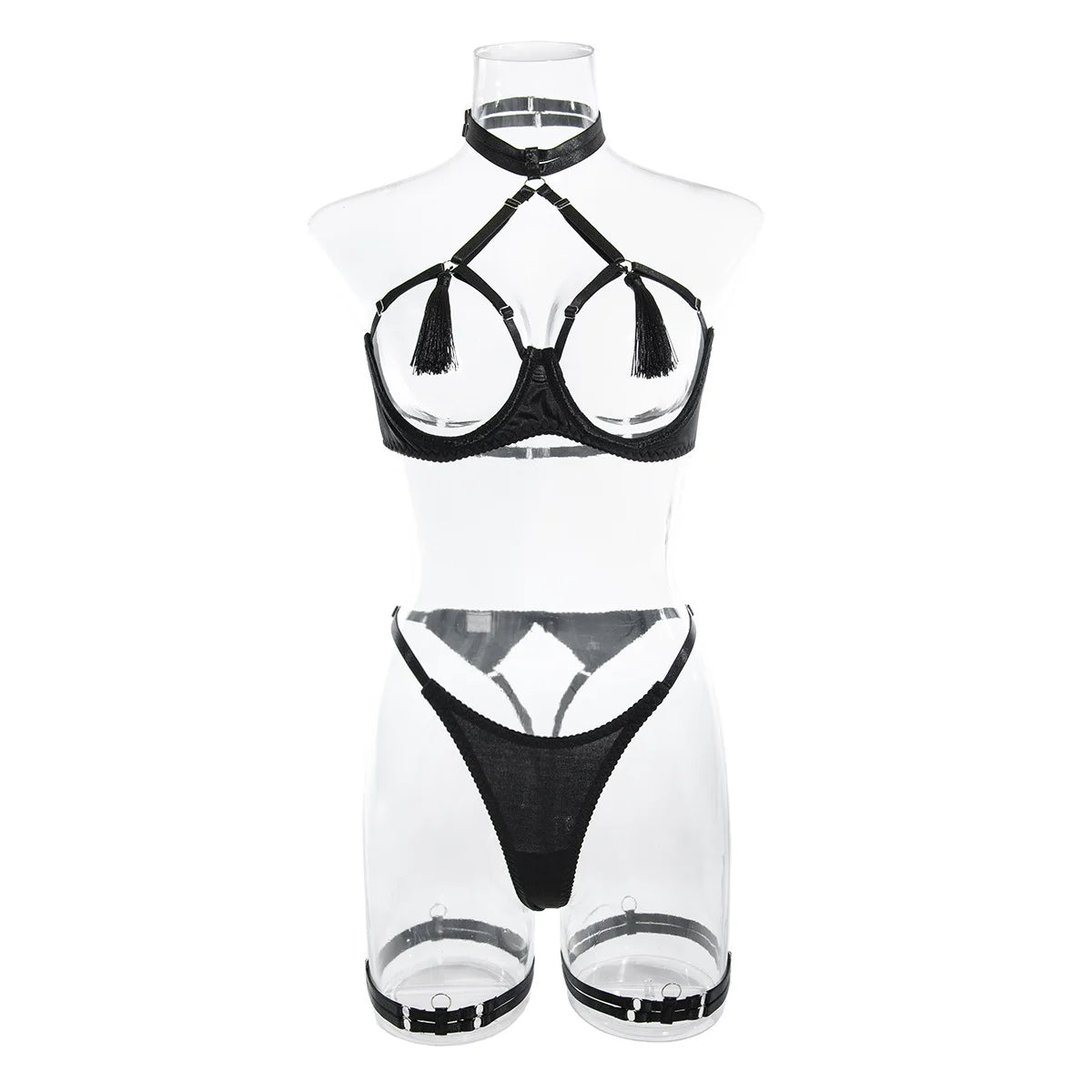 Tassel Lingerie Set Women Halter Cut Out Sexy Intimate Naked Crotchless Panties Exotic Sets Open Bra Back Open Brief Kit