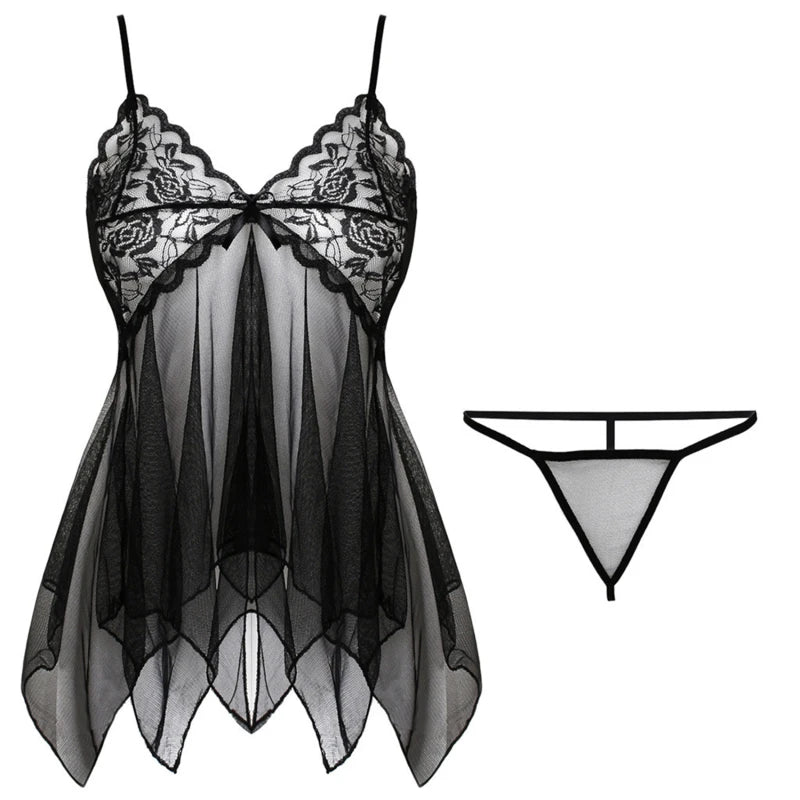 Sexy Lingerie Night Dress For Female Transparent Babydoll Nightwear With G-string Underwear Lace Sleepwear Women's Lingerie Set