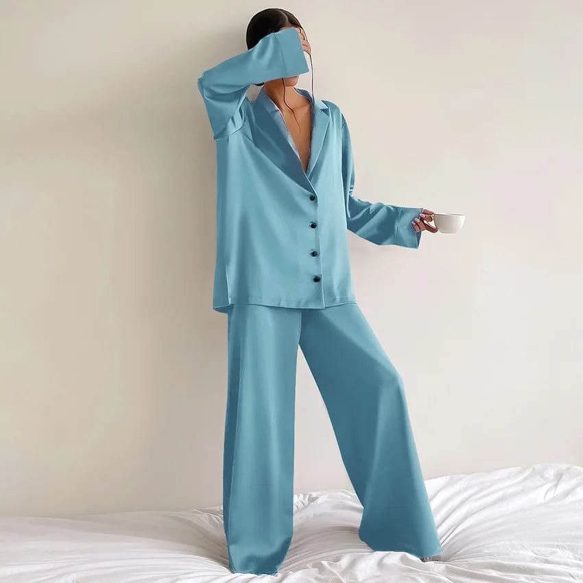 2026 Sexy Low Cut Pajama Sets for Women Loose Casual Long Sleeve Trouser Home Wear 2pcs Sets Solid Satin Silk Female Pijama Suit