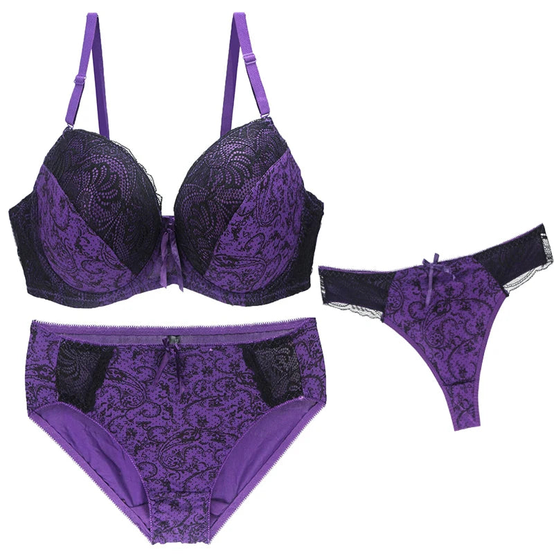 2024 New Sexy Push Up Bra Sets For Women 3 Piece Underwear BCDEF Cup Beige Black Blue Purple Red White Plus Size Lingerie