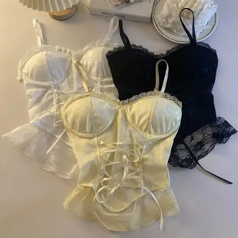 Sexy Lace Corset Crop Top Women Sleeveless Bandage Camisole Fashion Sling Tank Top Streetwear Blouse