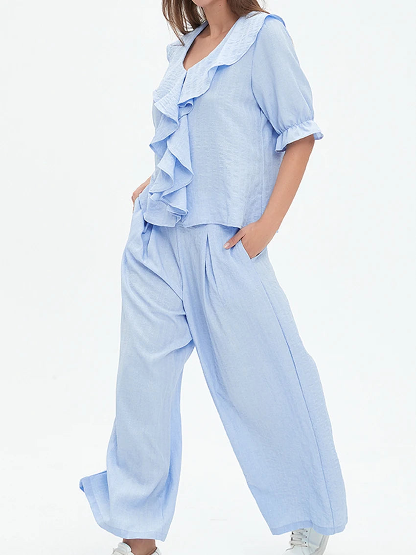 Women Linen Pajama 2 Piece Set Short Sleeve Front Ruffle Shirt PJs Pants Lounge Cute Sleepwear Casual Homewear Set