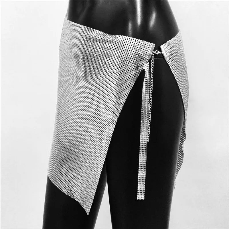 Sexy Metal Sequins 2 Piece Set Women Sleeveless Deep V Neck Backless Halter Tank Tops Split Mini Skirts Beach Party Outfits