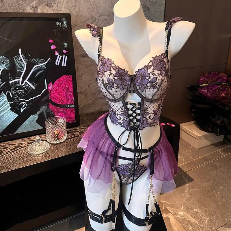 Sexy Lingerie Set Women Purple Hollow Embroidery Flower Patterns Mesh Perspective Splicing Lingerie Role Play Temptation Costume