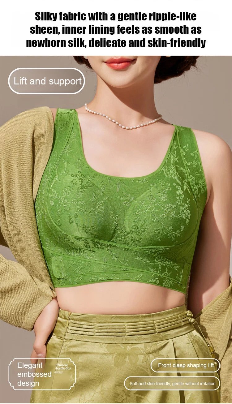 Embossed Floral Tank Bra Women’s Seamless Wirefree Bra Side Buckle Push Up Anti-Sag Comfort Everyday Underwear