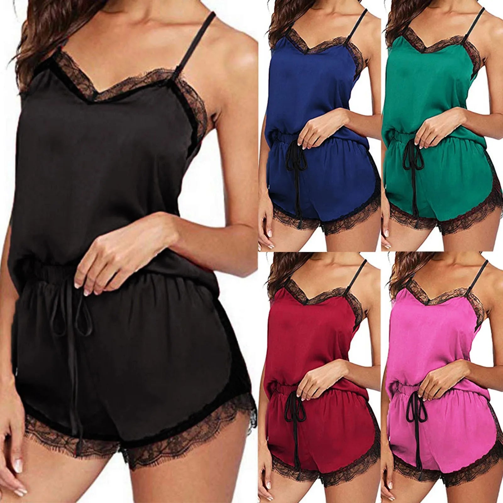 Sexy Lingerie Women Sleepwear Sleeveless Strap Nightwear Trim Satin Cami Top Pajama Sets Sexy-porn Body Lingerie Women