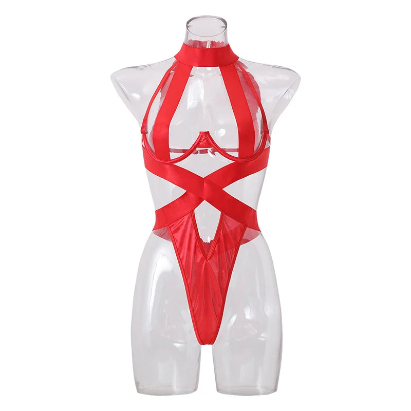 Ellolace Bandage Sexy Lingerie Bodysuit Women Halter Hollow Out Exotic Clothes Black Porn Bottom Sissy Hot Sensual Body