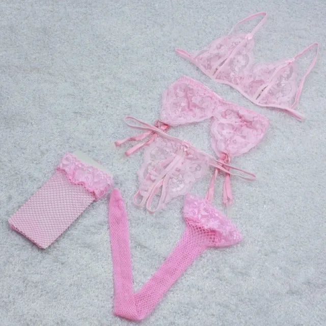 Sexy Lingerie with stockings Set Women's Intimates lace Underwear Bra Panties Set G-string Garter Belt sexual lingerie erotic