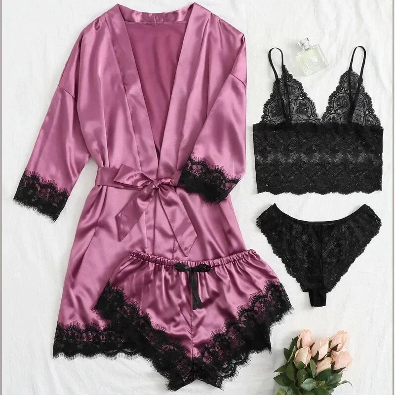 Spring and Autumn Women's Sexy High-quality Lace Camisole Pajamas Soft Comfortable Breathable and Comfortable 4-piece Set