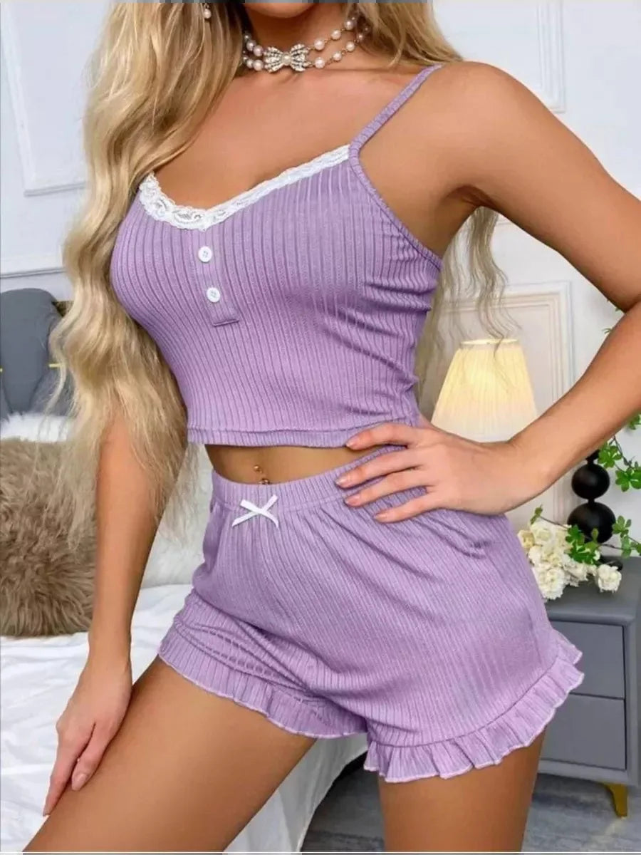 New women's summer sleepwear two-piece set with lace lace camisole shorts sexy and comfortable sleepwear home suit set Y2K