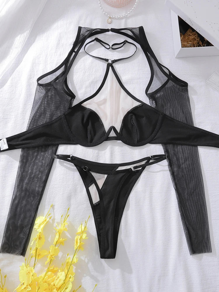 Lingerie Ultra Sexy With Sleeve Halter Bra Tulle Underwear Ensemble Lingeries Natural Clothes Female Skinny Underwear