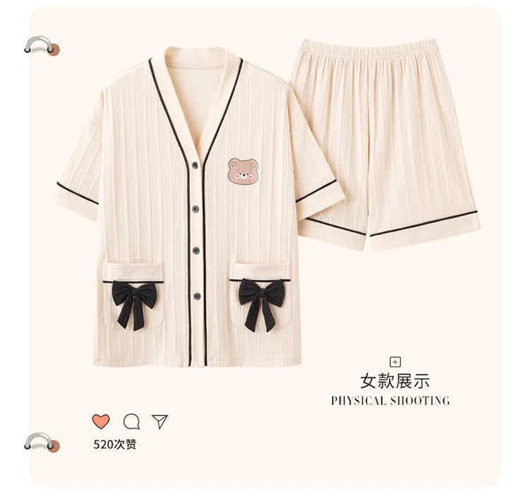 Summer Couple Pajamas Sets Cartoon Men Sleepwear Leisure Cotton Short Sleeve Women Kimono Homewear pijama Homme Mujer Dropship