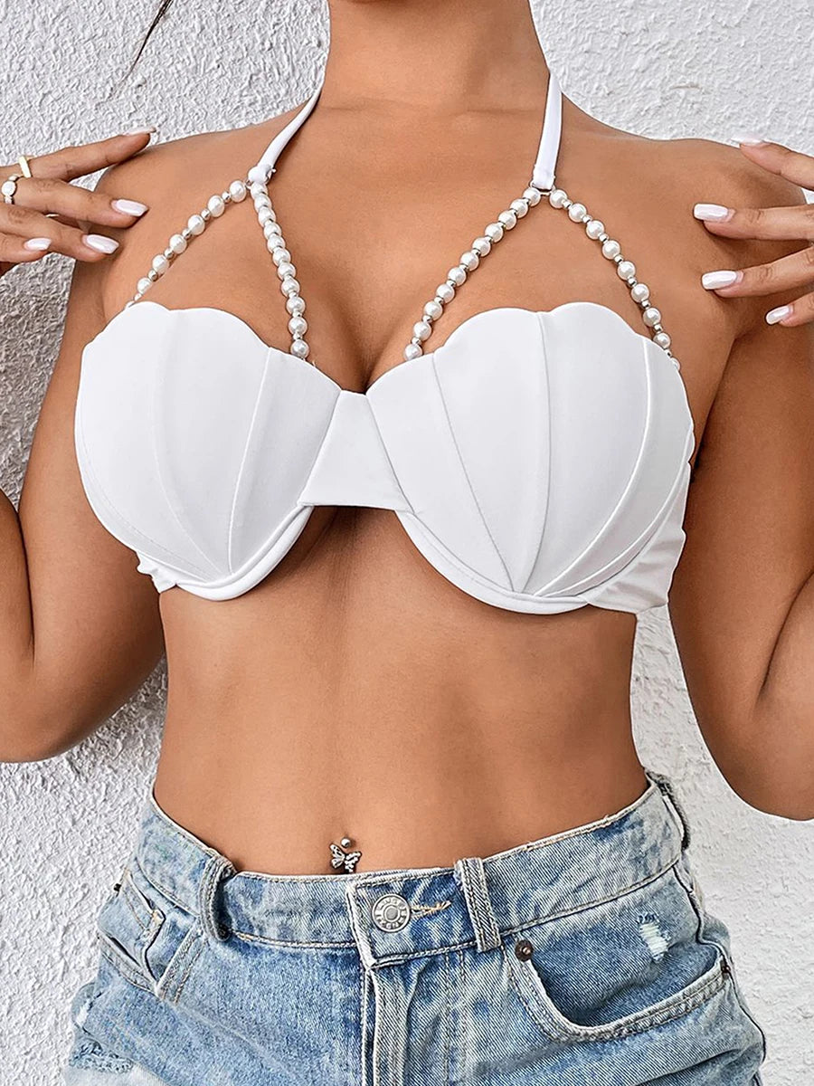 Beading Bikini Tops for Women Halter Neck Sequins Shell Bathing Suit Swim Tops Beach Style Resort Wear