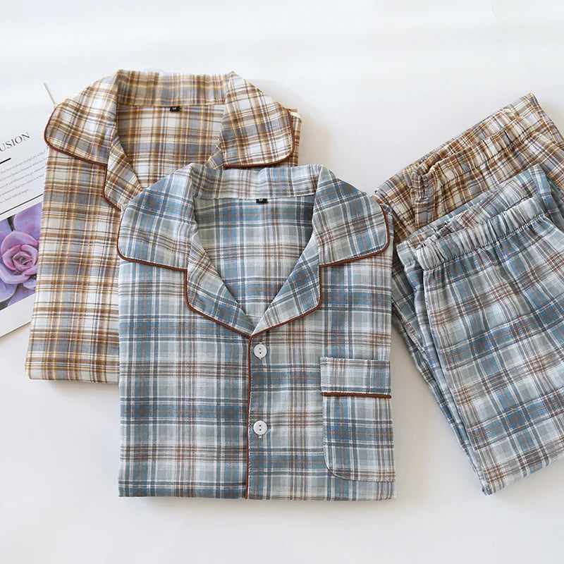 2026 Japanese New Men's Pajama Set Spring/Summer Checkered Simple Long sleeved Two Piece Set 100%Cotton Cardigan Home Furnishing