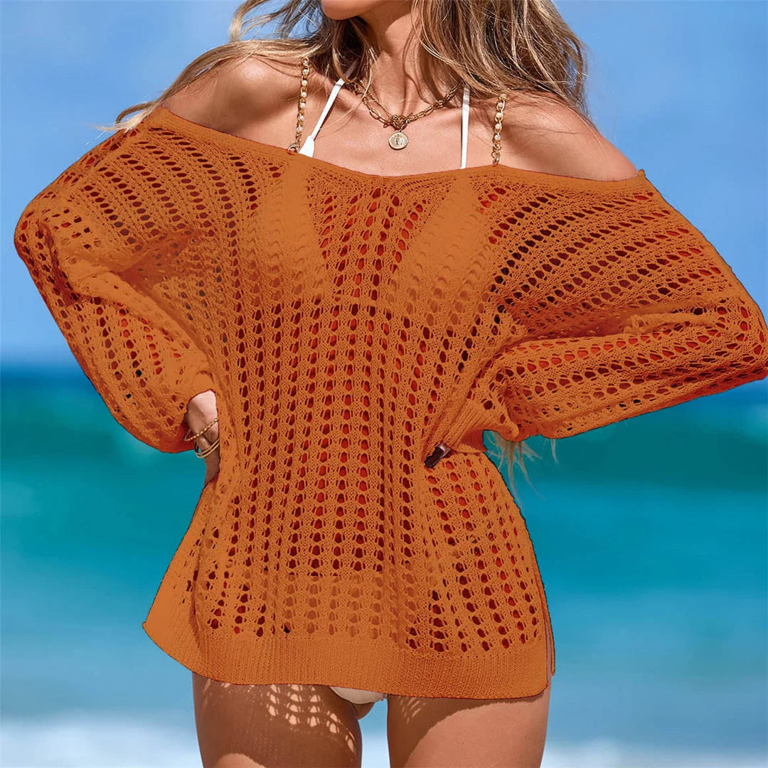 Cover-ups Beach Dress Beachwear Female Women Beach Wear Hollow Out Long Sleeve Solid Crochet Knitted Tunic Beach Cover Up V7574