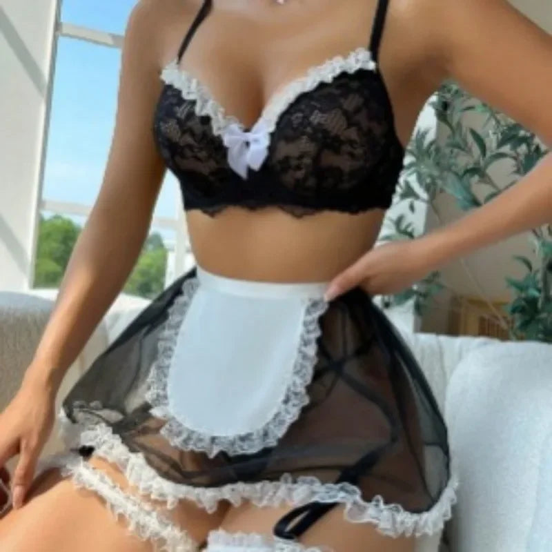Lingerie Ultra Sexy Mesh Lace Bow Maid Sex Set Maid Uniform Night Dress Women Bra Set Nightgowns Sleepwear Women's Pajamas Dress