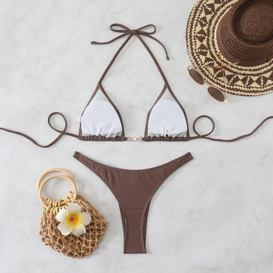 New Two-Piece Bikini Set Sexy Triangle Tie-Up Swimsuit Beach Vacation Swimwear Summer Trendy Top Bottom Beachwear Resort Outfit
