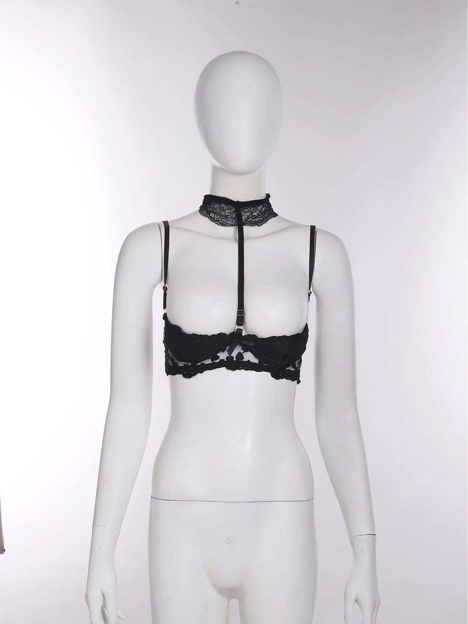 Women Padded Cup Push-up Underwire Bra Balconette Lingerie 1/4 Cup Floral Lace Single Bra Exposed Nipples Chest Halter Brassiere