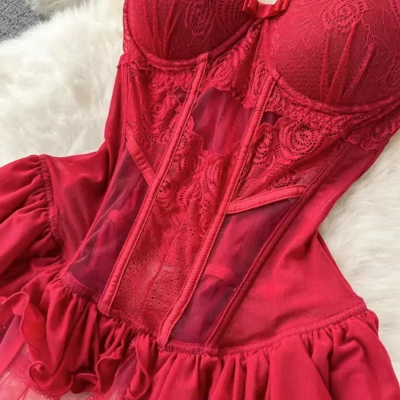 Sexy Lingerie Lace Gauze Elasticity Corset with Chest Pad Straps Belt Underwear Lace Up Body Bustier Overbust Breathable Tops