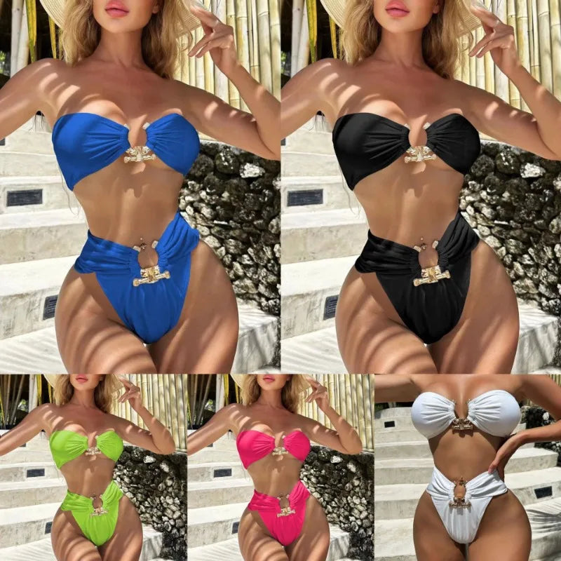 Women's 2025 Solid Bikini Set Top & High-Cut Swim Bottoms Sexy Two-Piece Swimwear for Beach Pool Vacation Seamless Swimsuits