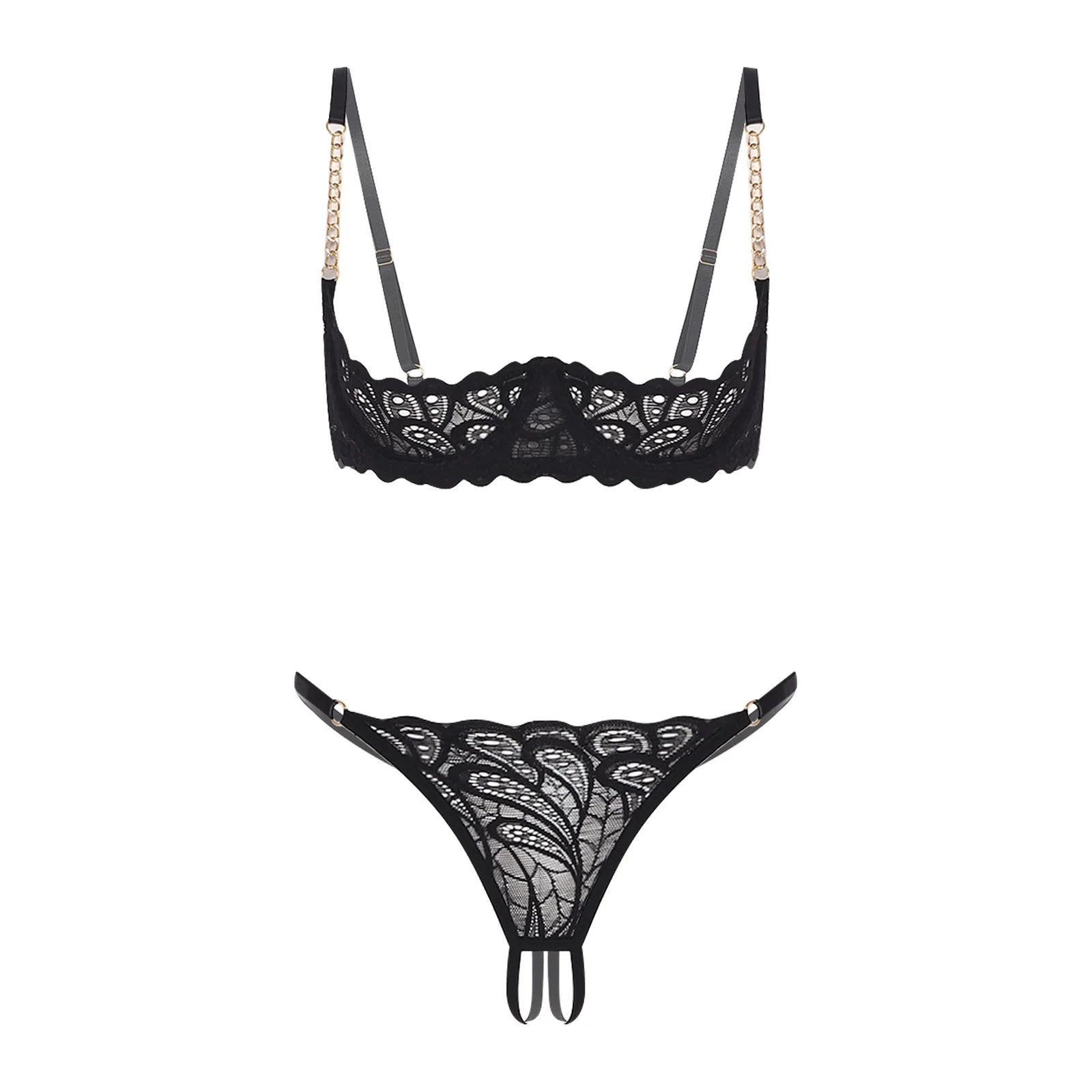Womens Lingerie Floral Lace Bra Brassiere Underwear Set 1/4 Cup Underwire Push-up Bare Exposed Open Nipples Bralette Balconette