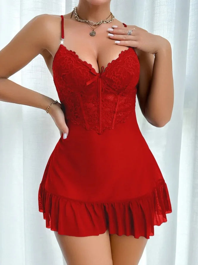 Women Sexy Robe Lingerie Set Lace V-neck Cami Dress with Transparent Mesh Night Gown Robe Nightwear Female Casual Sleepwear