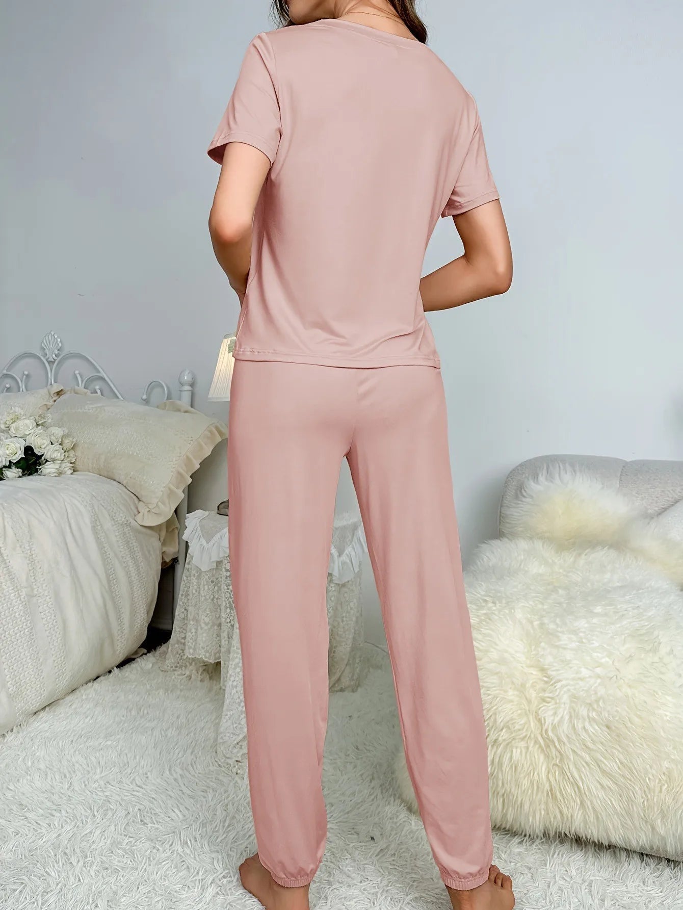 Women's Pajamas Set Solid Color Short Sleeve O Neck T-Shirt+Trousers 2 Pieces Suit Sleepwear Soft Loose Pijama Female Loungewear