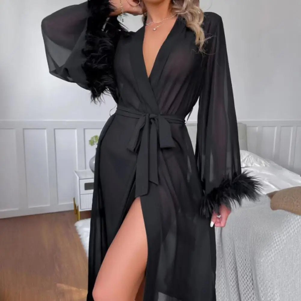 Female Sexy Lingerie Silky Satin Sleepwear Women Night Gown Robe With Bathrobe Long Sleeve Nightdress Trim Sheer Mesh Robe