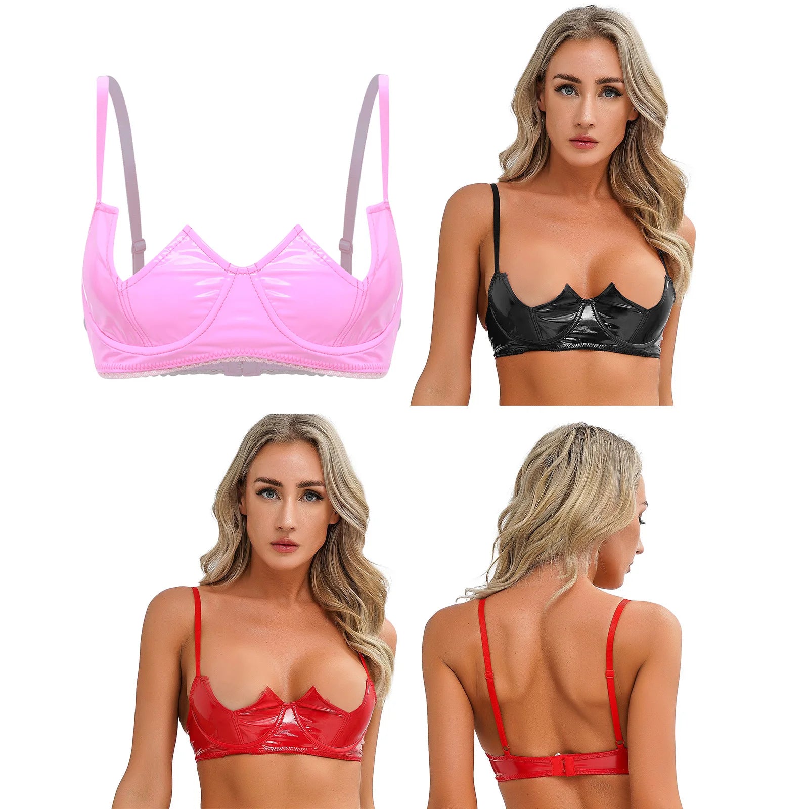 Womens Sexy Gothic Wet Look Patent Leather Bralette Lace Quarter Cup Underwired Shelf Bras Tops Push Up Sheer Floral Balconette