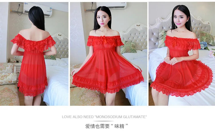 Sexy Lace Lingerie Set for Women Red Sleepwear Nightdress with Matching Panties Sheer Lace Camisole, Romantic Night