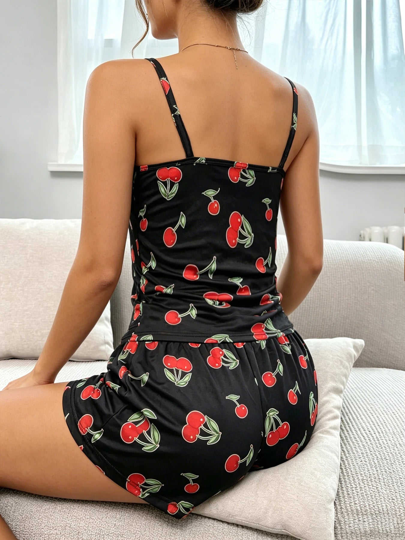 Pajamas Set for Women Breathable Cherry & flower Print Sleepwear Comfy Camisole Top and Shorts Pyjama Home Loungewear for Ladies