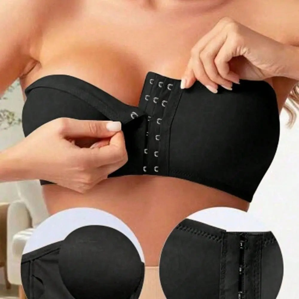 Strapless Front Button Bandeau Invisible Soft Cushion Tube Top Removable Padded No Underwire Wireless Bralette for Women