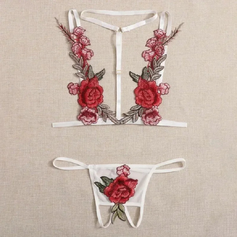 Sexy Embroidered Rose Lingerie Halter Bra Three-point Set Erotic Underwear Party Dresses Lingеrie New in Matching Sets Long Full